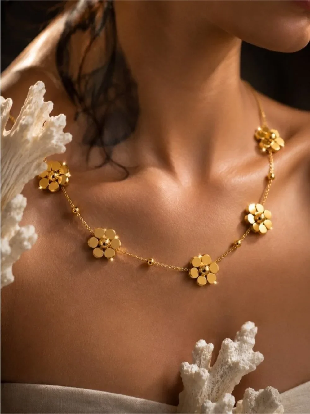 Gold Plated Floral Station Necklace